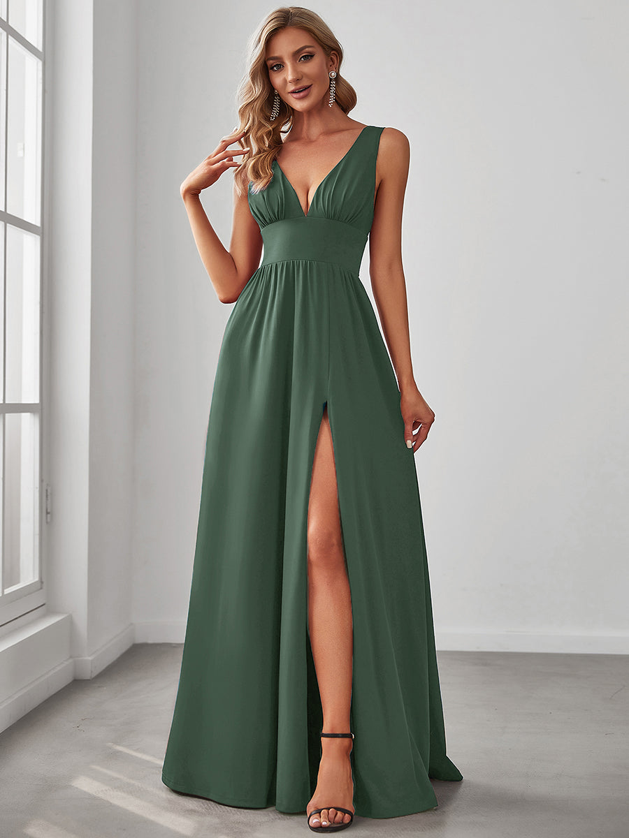 Color=Eucalyptus | Factory Design Strapless High Stretch A-Line Floor Length V-Neck Evening Dresses-Eucalyptus 1