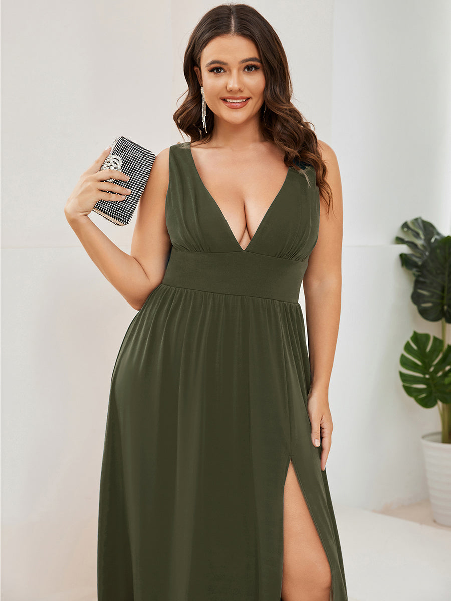 Color=Olive Green | Factory Design Strapless High Stretch A-Line Floor Length V-Neck Evening Dresses-Olive Green 28