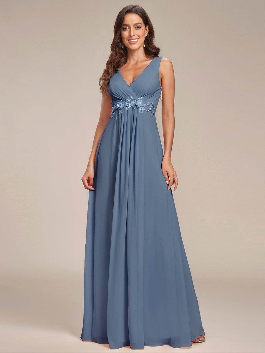 A-Line V Neck Appliques Ruched Wholesale Evening Dresses#Color_Dusty Navy