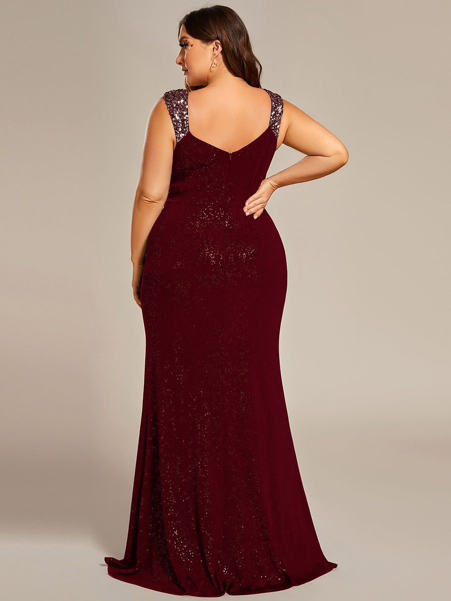 Color=Burgundy | Plus Glitter Split Wholesale Evening Dresses-Burgundy 4