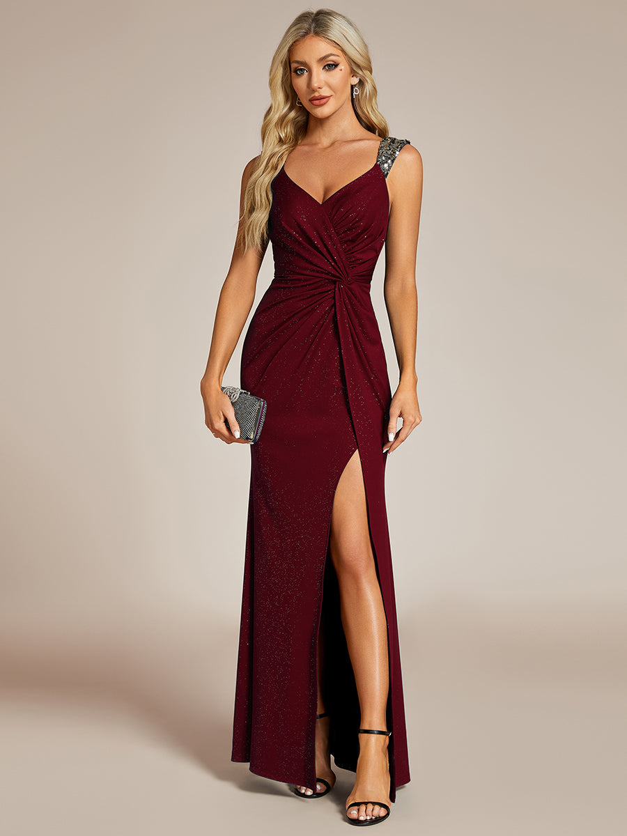 Color=Burgundy | Glitter Split Wholesale Evening Dresses-Burgundy 1