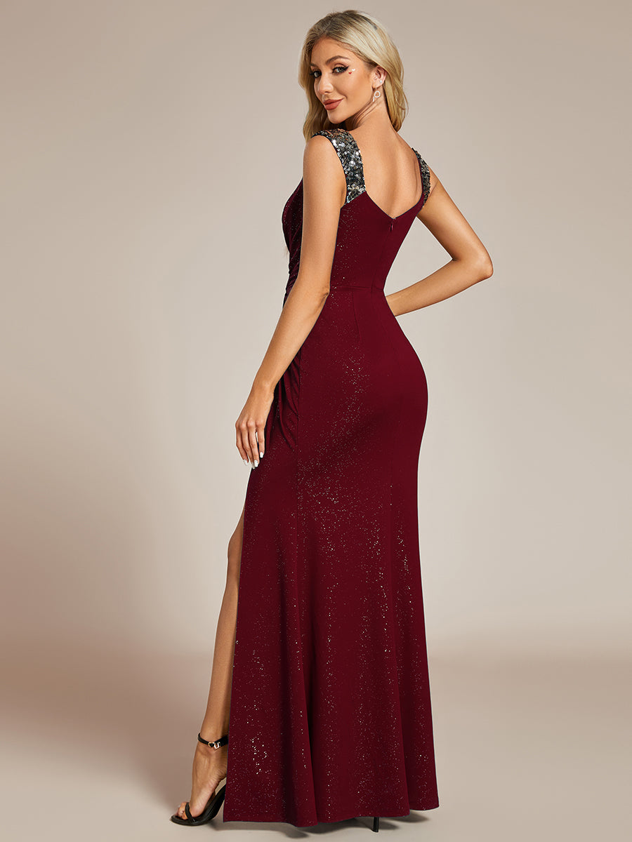 Color=Burgundy | Glitter Split Wholesale Evening Dresses-Burgundy 1
