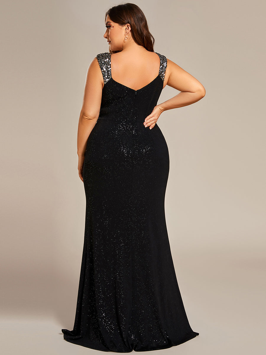 Color=Black | Plus Glitter Split Wholesale Evening Dresses-Black 3