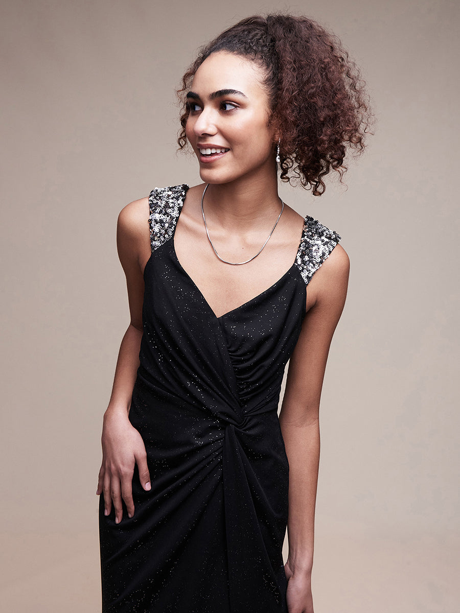 Color=Black | EE01892BK (EE01888BK image) | Glitter Split Wholesale Evening Dresses