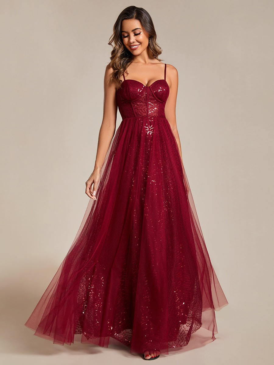 Color=Burgundy | Exquisite   Empire Waist Sequin Shiny A-Line Floor Length Sweetheart Neckline Spaghetti Straps Wholesale Evening Dress-Color 6