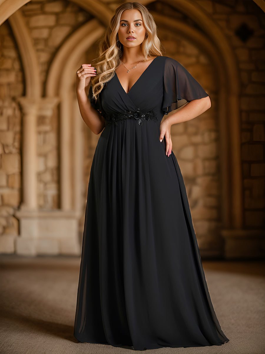 Plus V Neck Appliques Pleated Wholesale Bridesmaid Dresses#Color_Black