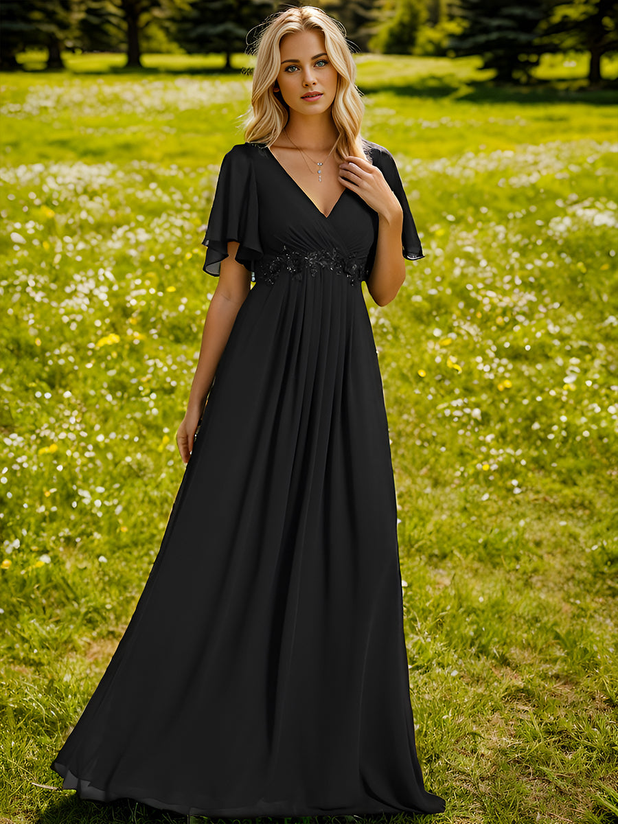 V Neck Appliques Pleated Wholesale Bridesmaid Dresses#Color_Black