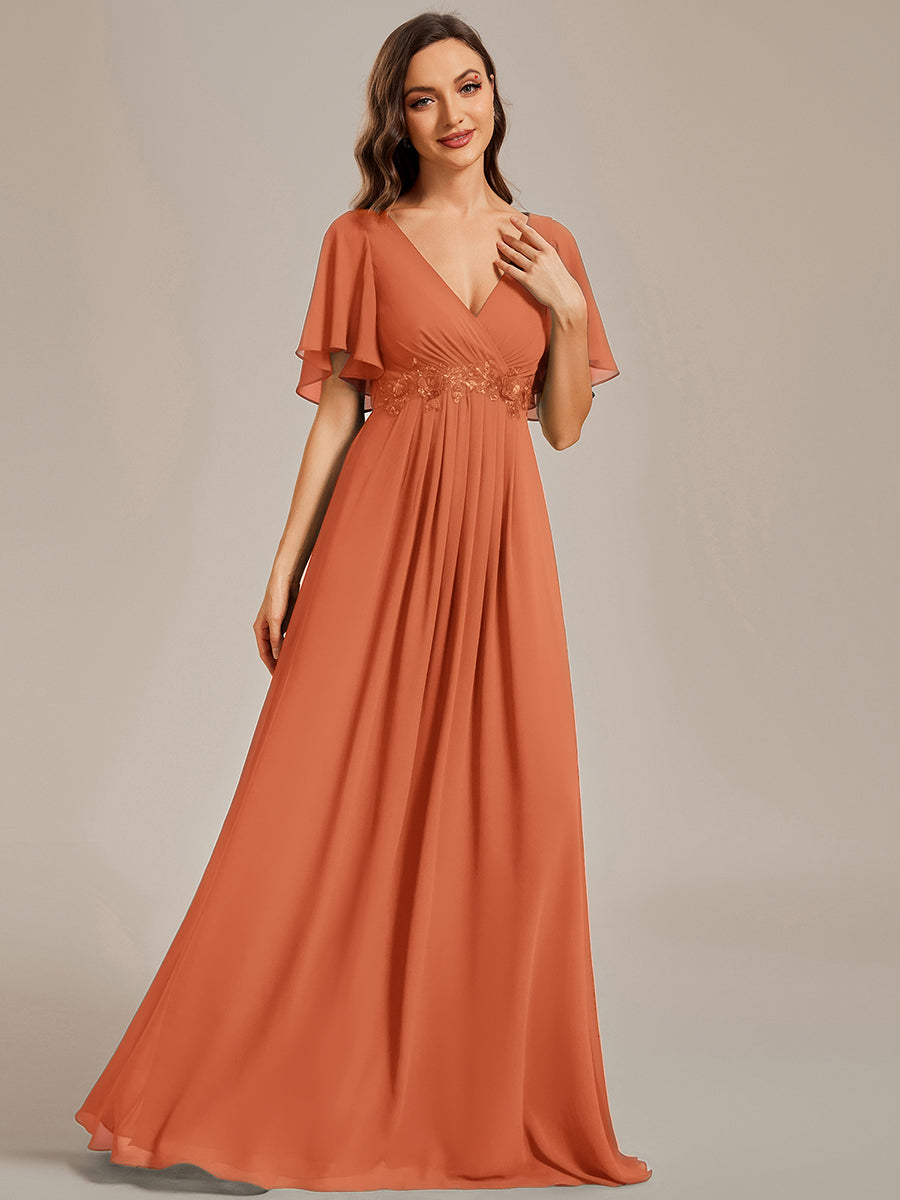 Color=Brandied Melon | Bulk Order Short Sleeve Ruffle Appliques Deep V-Neck A-Line Evening Dresses-Brandied Melon 4