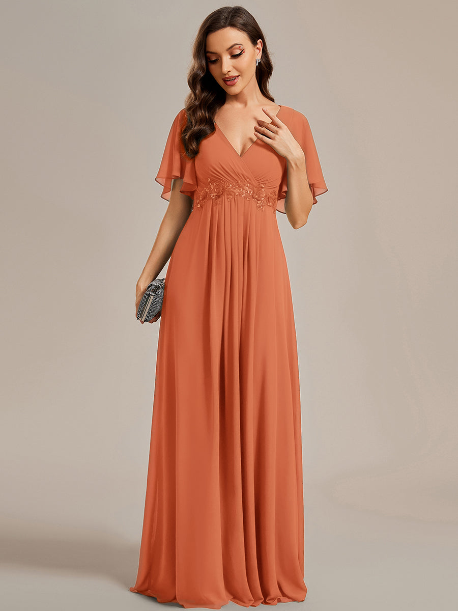 Color=Brandied Melon | Bulk Order Short Sleeve Ruffle Appliques Deep V-Neck A-Line Evening Dresses-Brandied Melon 5