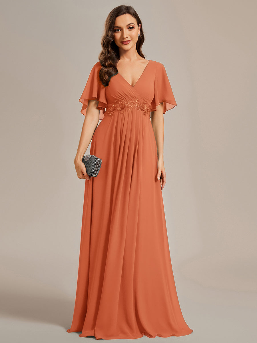 Color=Brandied Melon | Bulk Order Short Sleeve Ruffle Appliques Deep V-Neck A-Line Evening Dresses-Brandied Melon 1