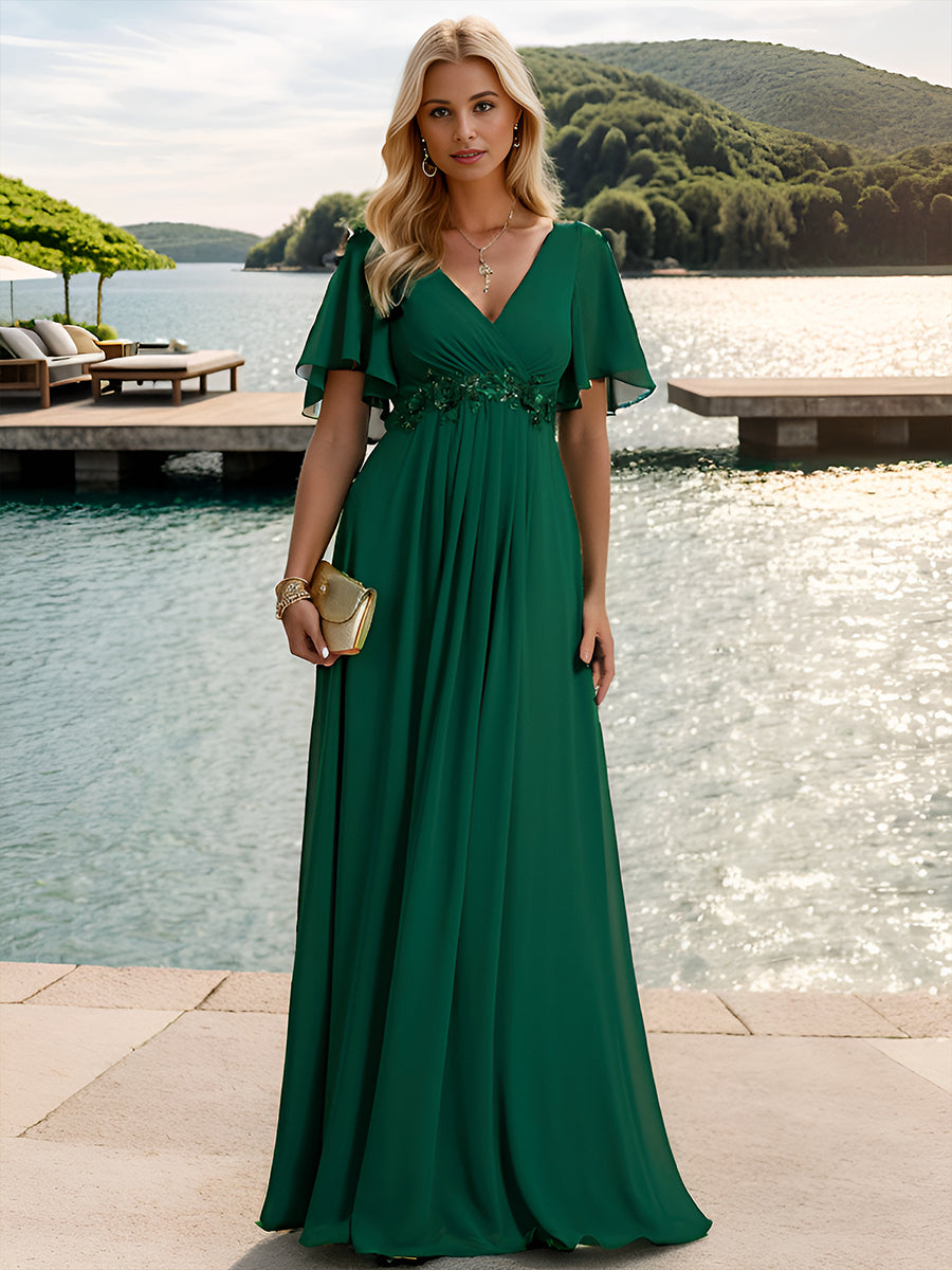 V Neck Appliques Pleated Wholesale Bridesmaid Dresses#Color_Dark Green