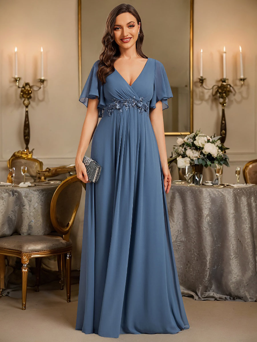 V Neck Appliques Pleated Wholesale Bridesmaid Dresses#Color_Dusty Navy