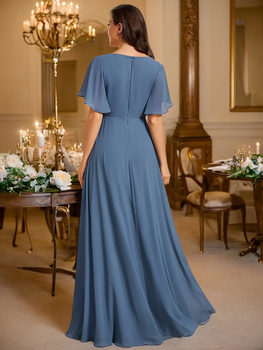 V Neck Appliques Pleated Wholesale Bridesmaid Dresses#Color_Dusty Blue
