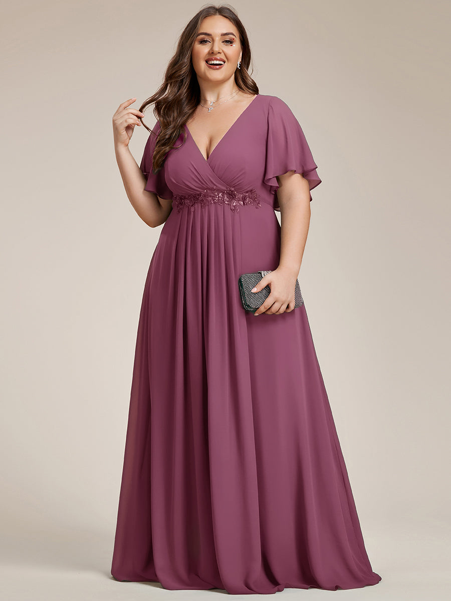 Color=Damson | Bulk Order Short Sleeve Ruffle Appliques Deep V-Neck A-Line Evening Dresses-Damson 16