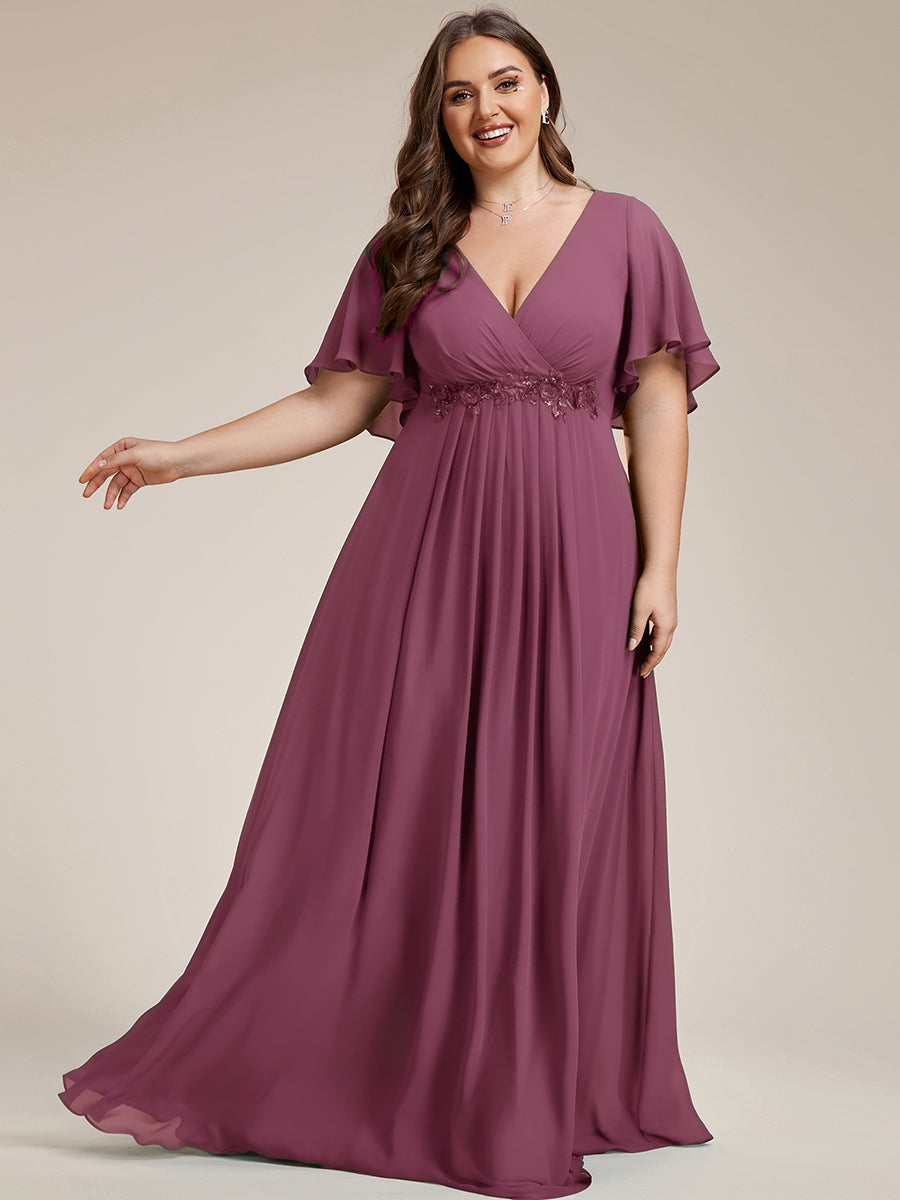 Color=Damson | Bulk Order Short Sleeve Ruffle Appliques Deep V-Neck A-Line Evening Dresses-Damson 19