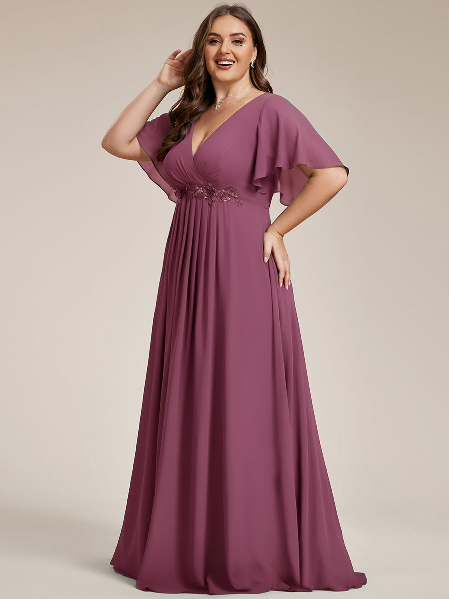 Color=Damson | Bulk Order Short Sleeve Ruffle Appliques Deep V-Neck A-Line Evening Dresses-Damson 18