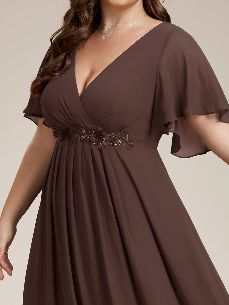 Color=Espresso | Bulk Order Short Sleeve Ruffle Appliques Deep V-Neck A-Line Evening Dresses-Espresso 27