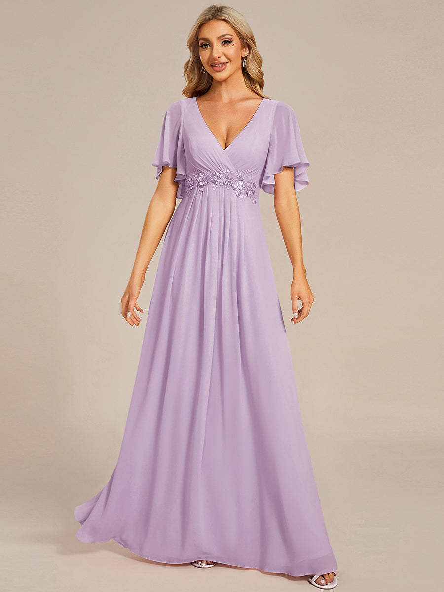 Color=Frosted Lilac | Commercial Wholesale Short Sleeve Ruffle Appliques Deep V-Neck A-Line Floor Length Evening Dresses-Frosted Lilac 1