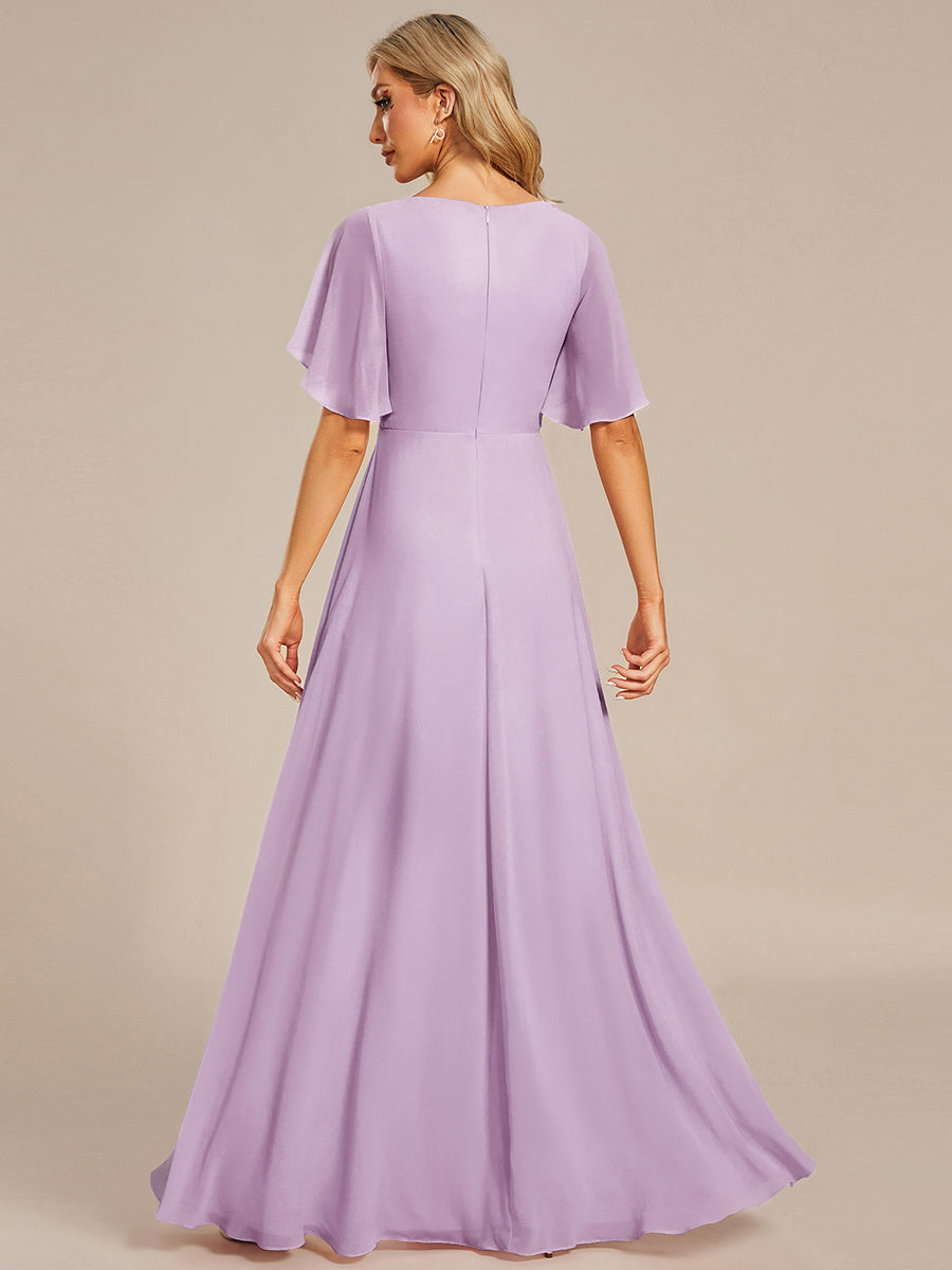 Color=Frosted Lilac | Commercial Wholesale Short Sleeve Ruffle Appliques Deep V-Neck A-Line Floor Length Evening Dresses-Frosted Lilac 2