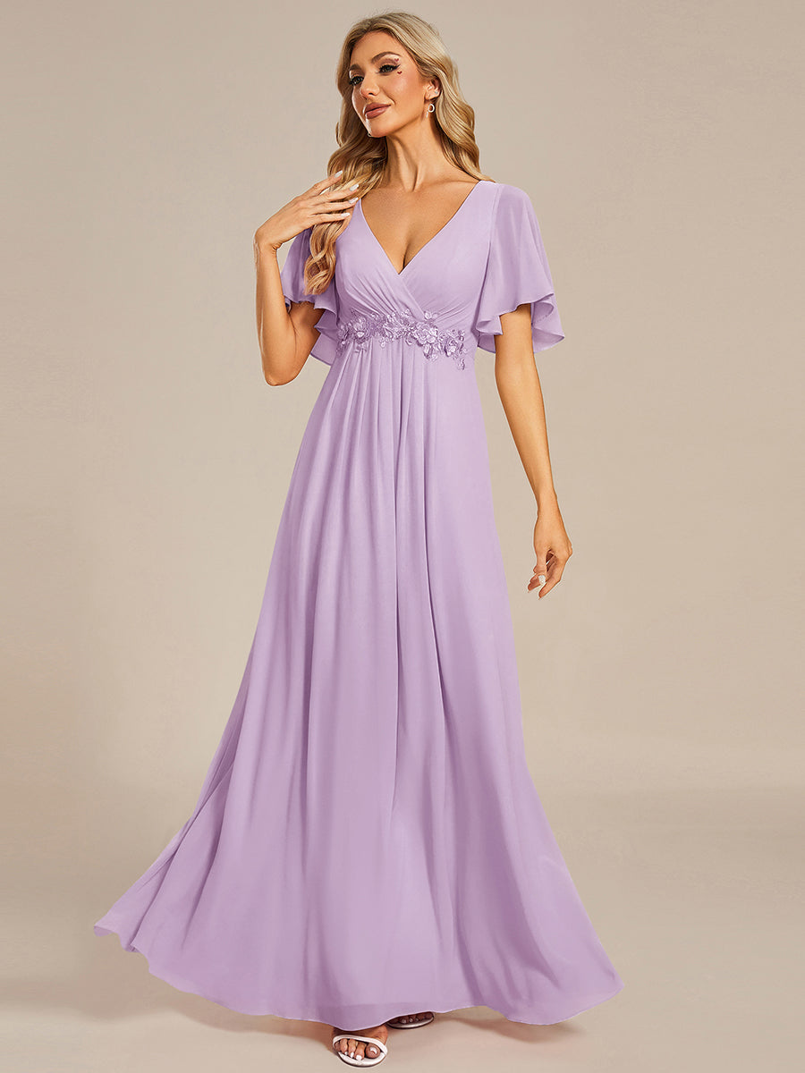 Color=Frosted Lilac | Commercial Wholesale Short Sleeve Ruffle Appliques Deep V-Neck A-Line Floor Length Evening Dresses-Frosted Lilac 4