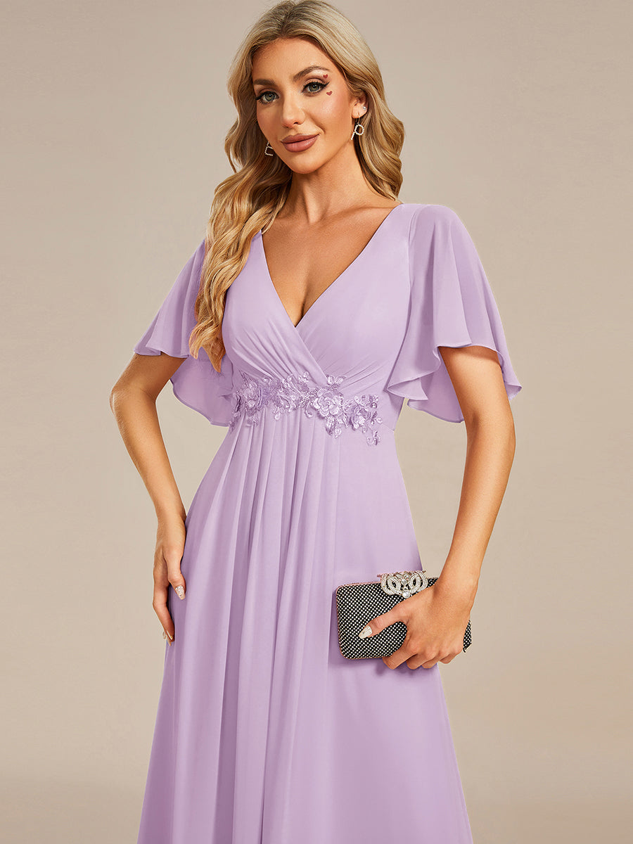 Color=Frosted Lilac | Commercial Wholesale Short Sleeve Ruffle Appliques Deep V-Neck A-Line Floor Length Evening Dresses-Frosted Lilac 3
