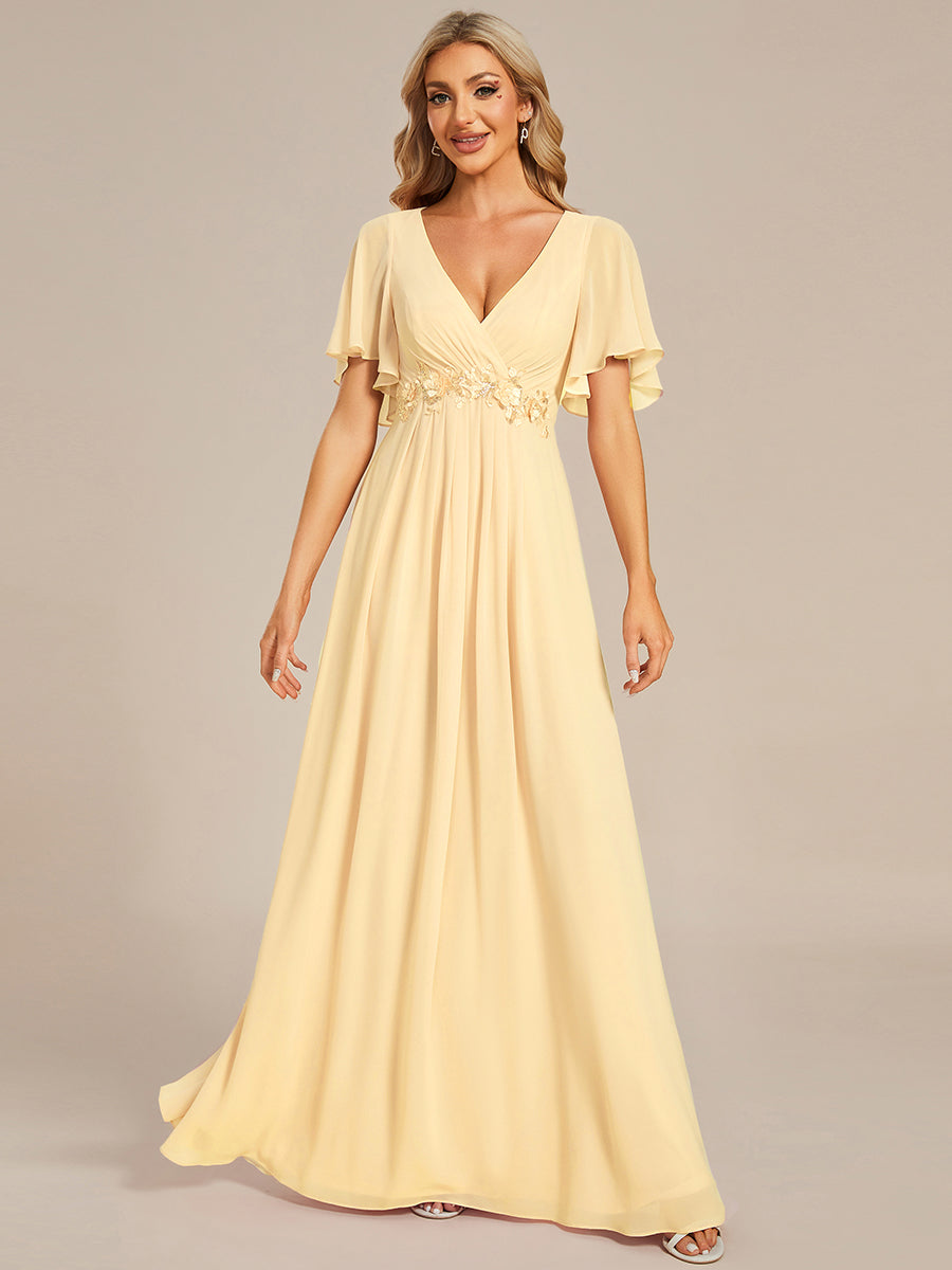 Color=Yellow | Commercial Wholesale Short Sleeve Ruffle Appliques Deep V-Neck A-Line Floor Length Evening Dresses-Yellow 11