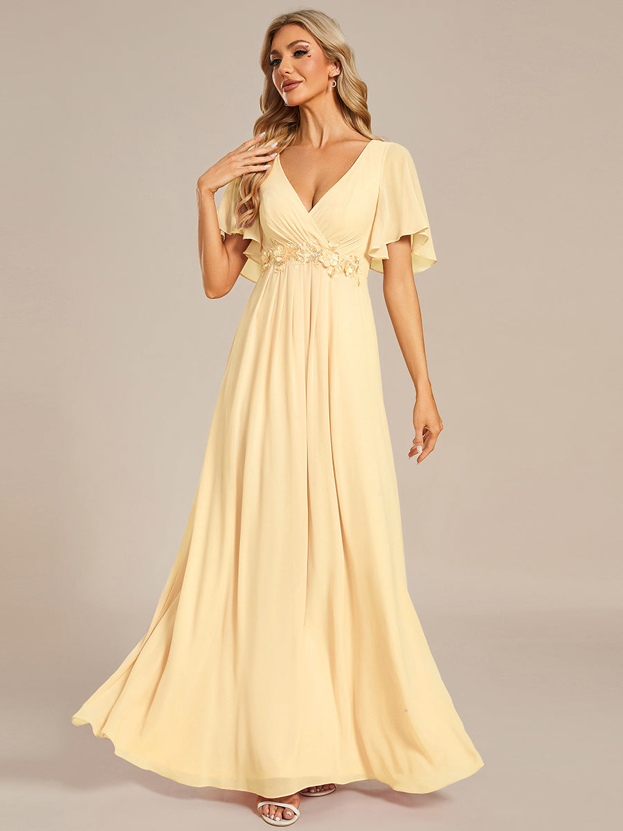 Color=Yellow | Commercial Wholesale Short Sleeve Ruffle Appliques Deep V-Neck A-Line Floor Length Evening Dresses-Yellow 14