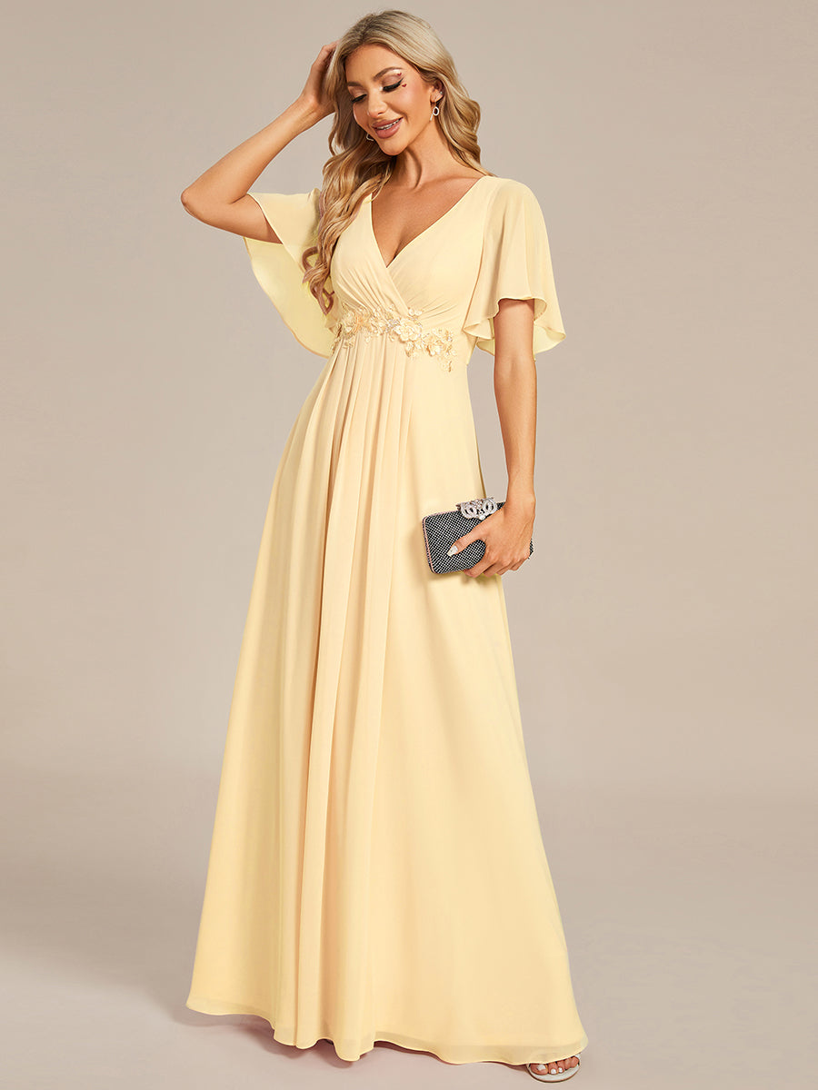 Color=Yellow | Commercial Wholesale Short Sleeve Ruffle Appliques Deep V-Neck A-Line Floor Length Evening Dresses-Yellow 15