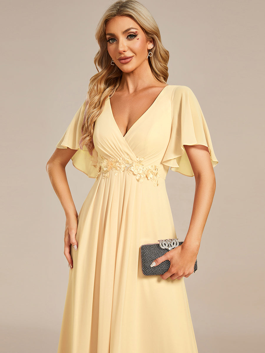 Color=Yellow | Commercial Wholesale Short Sleeve Ruffle Appliques Deep V-Neck A-Line Floor Length Evening Dresses-Yellow 13