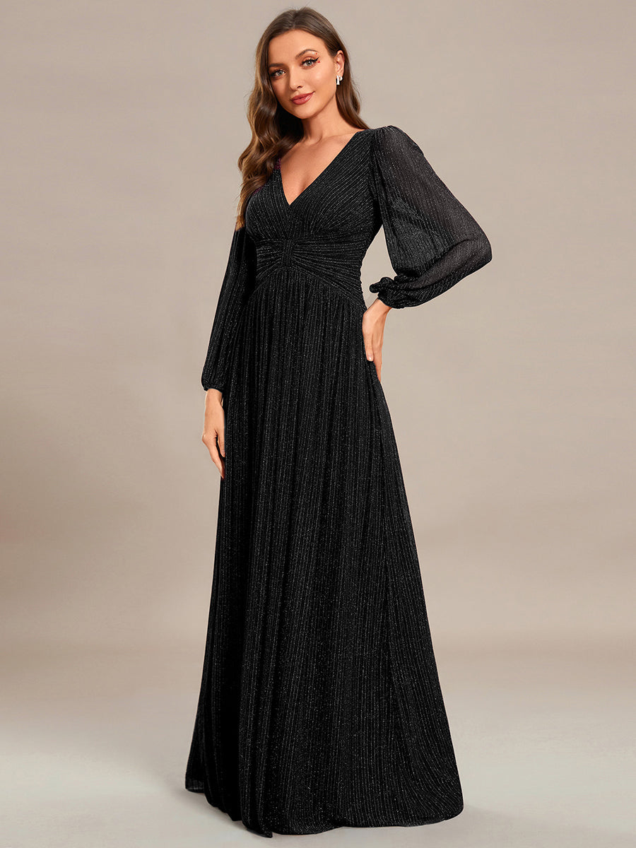 Color=Black | Maxi Long Chiffon Waist  V Neck Wholesale Evening Dress with Long Sleeves-Black 4