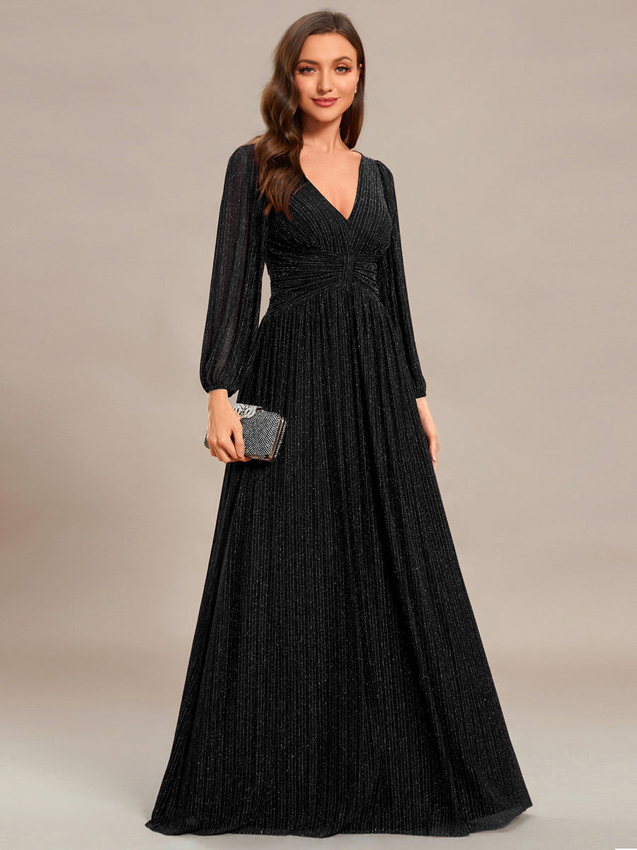 Color=Black | Maxi Long Chiffon Waist  V Neck Wholesale Evening Dress with Long Sleeves-Black 1