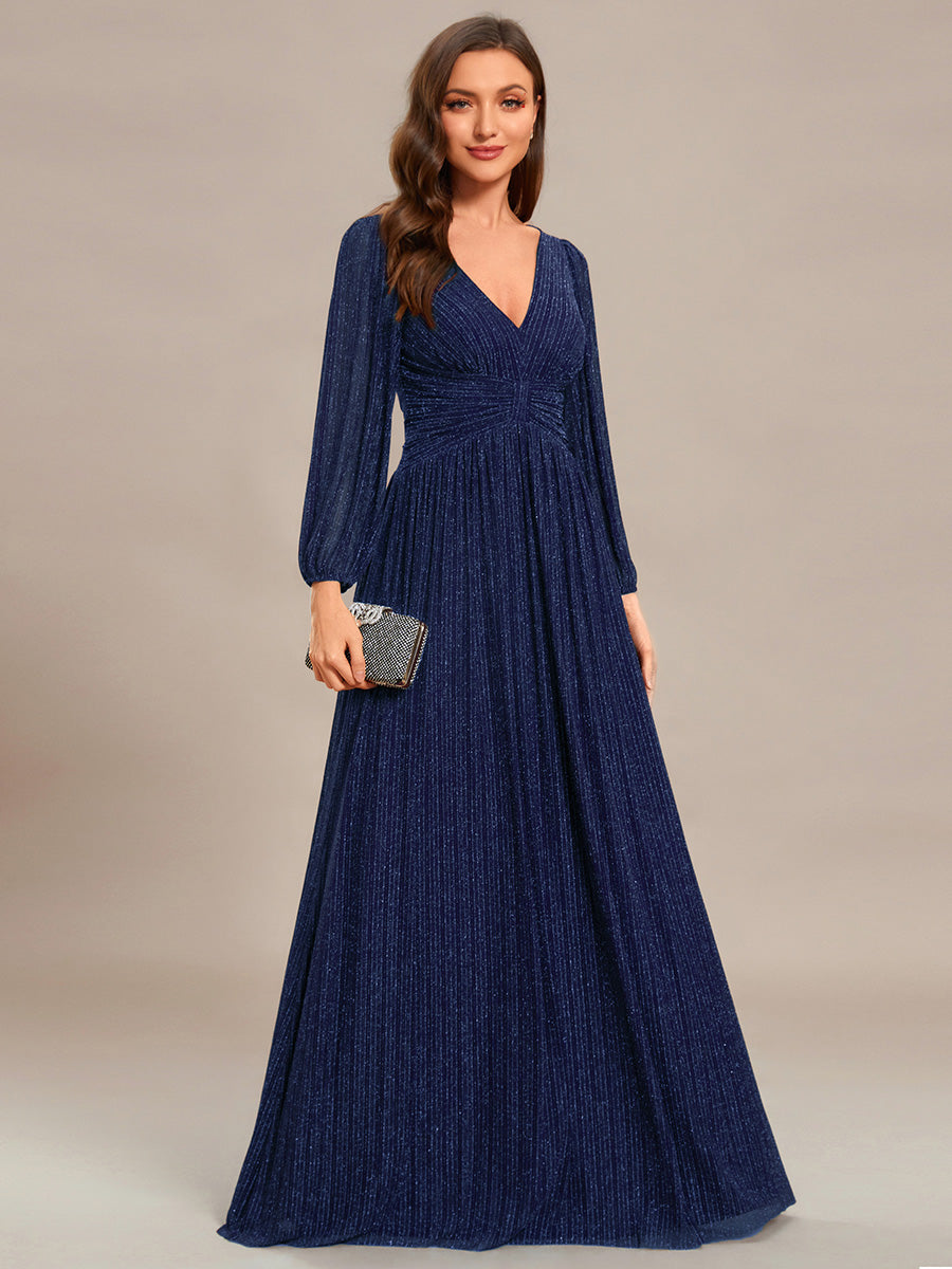 Color=Navy Blue | Maxi Long Chiffon Waist  V Neck Wholesale Evening Dress with Long Sleeves-Navy Blue 1
