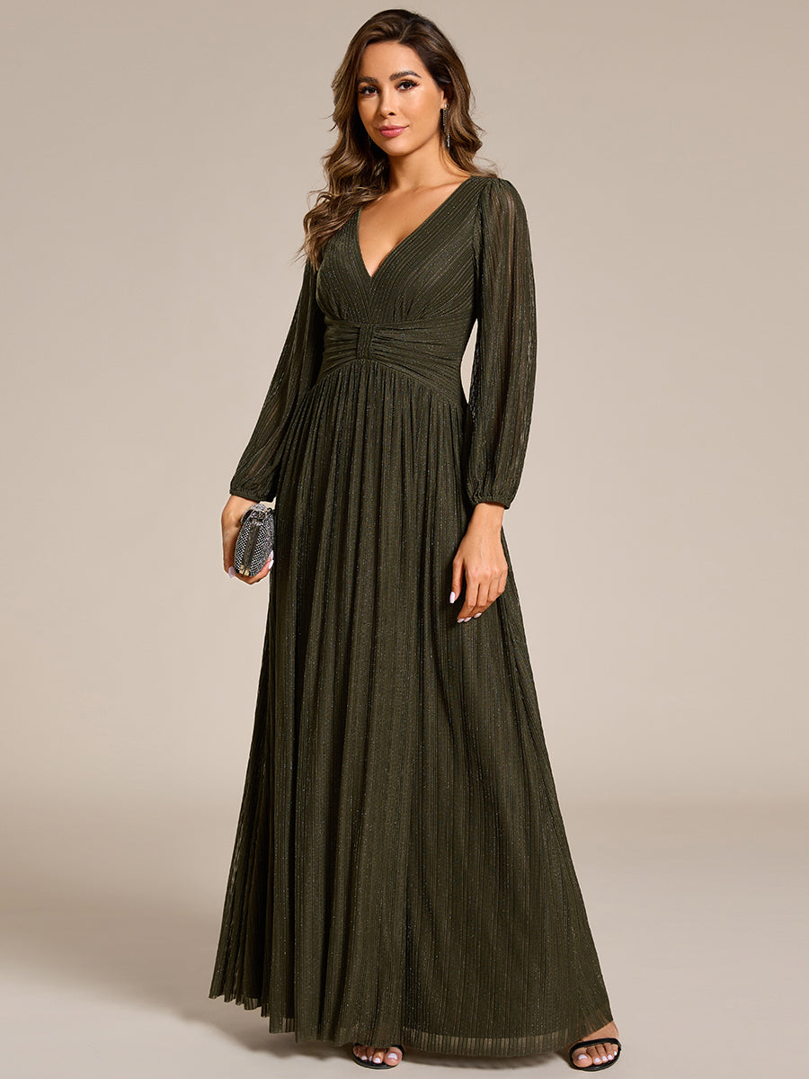 Color=Olive Green | Maxi Long Chiffon Waist  V Neck Wholesale Evening Dress with Long Sleeves-Olive Green 3