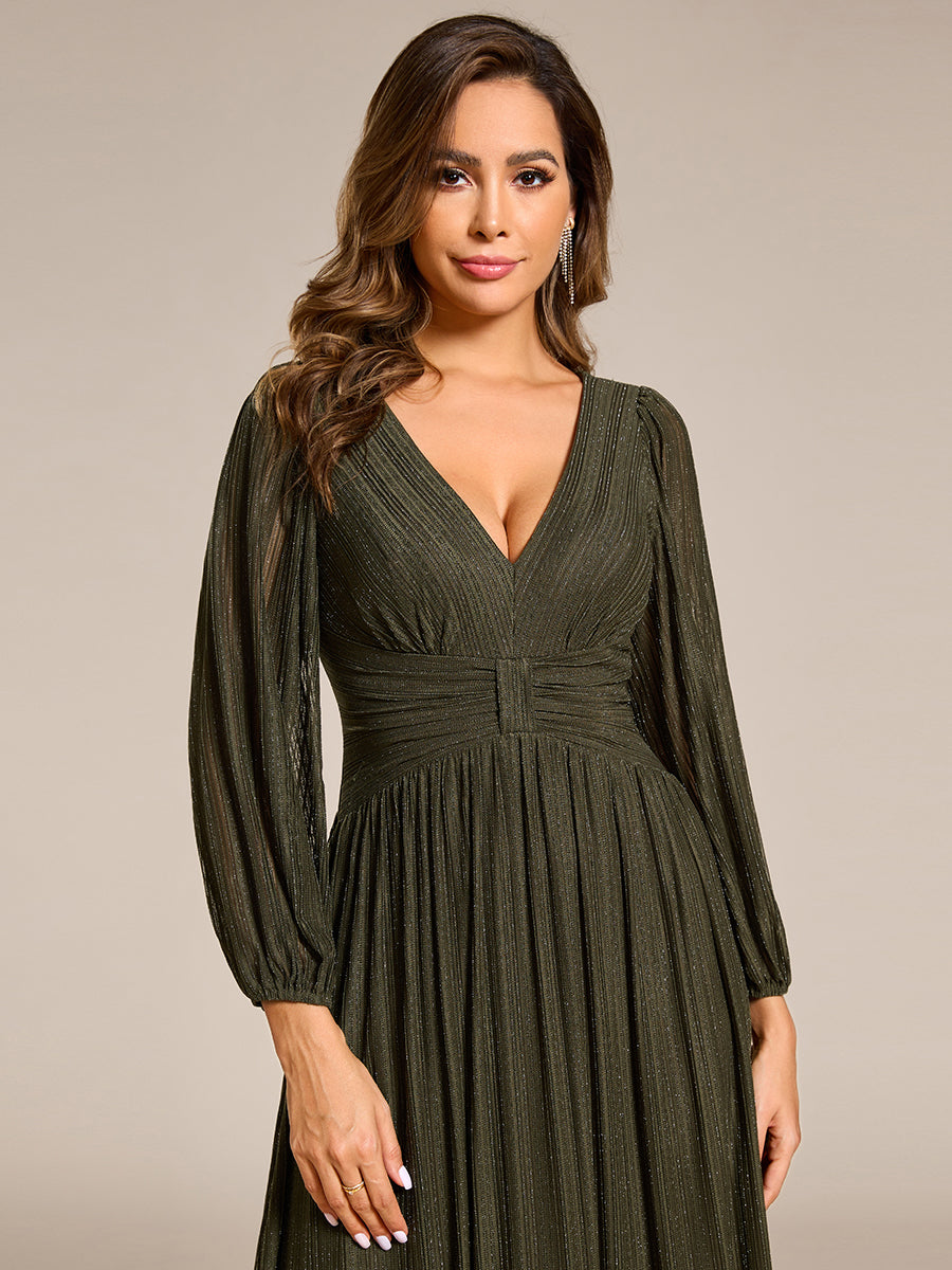 Color=Olive Green | Maxi Long Chiffon Waist  V Neck Wholesale Evening Dress with Long Sleeves-Olive Green 5