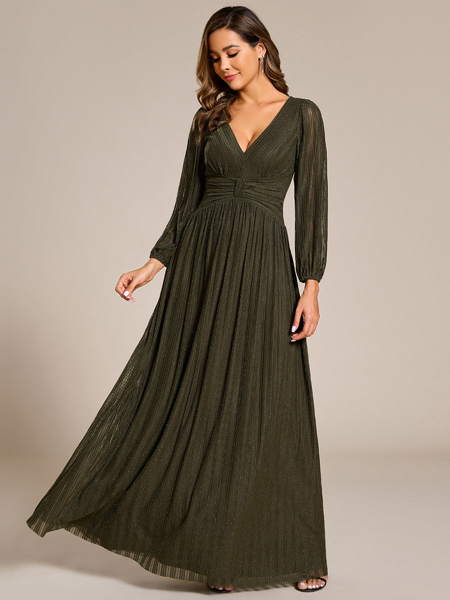 Color=Olive Green | Maxi Long Chiffon Waist  V Neck Wholesale Evening Dress with Long Sleeves-Olive Green 1