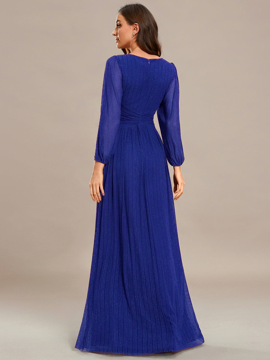 Color=Sapphire Blue | Maxi Long Chiffon Waist  V Neck Wholesale Evening Dress with Long Sleeves-Sapphire Blue 2