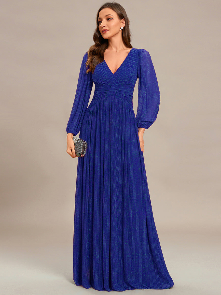 Color=Sapphire Blue | Maxi Long Chiffon Waist  V Neck Wholesale Evening Dress with Long Sleeves-Sapphire Blue 3