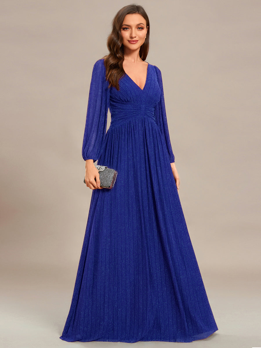 Color=Sapphire Blue | Maxi Long Chiffon Waist  V Neck Wholesale Evening Dress with Long Sleeves-Sapphire Blue 1