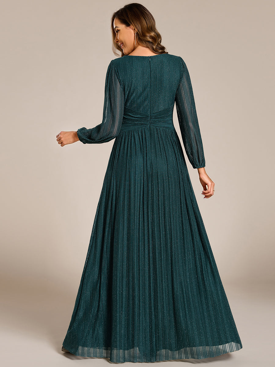 Color=Teal | Maxi Long Chiffon Waist  V Neck Wholesale Evening Dress with Long Sleeves-Teal 2