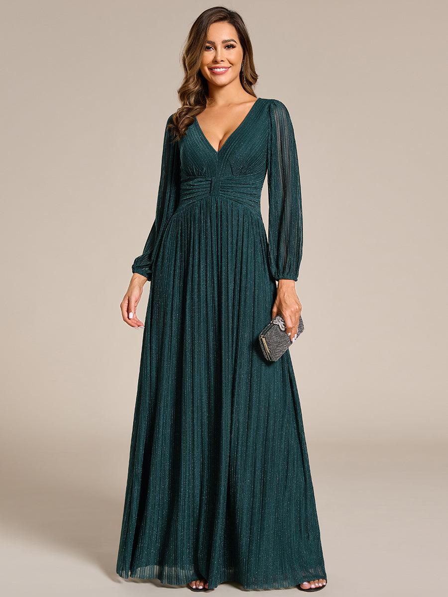 Color=Teal | Maxi Long Chiffon Waist  V Neck Wholesale Evening Dress with Long Sleeves-Teal 3