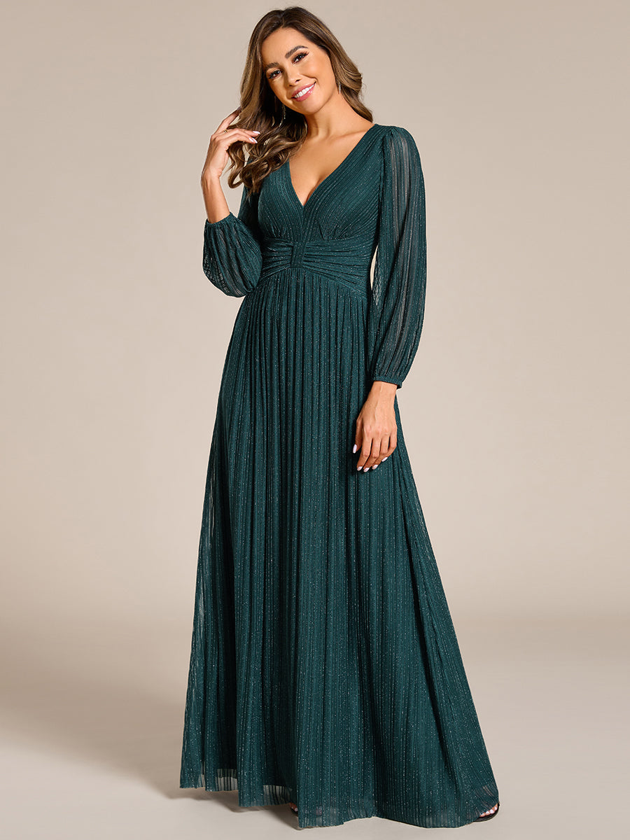 Color=Teal | Maxi Long Chiffon Waist  V Neck Wholesale Evening Dress with Long Sleeves-Teal 4