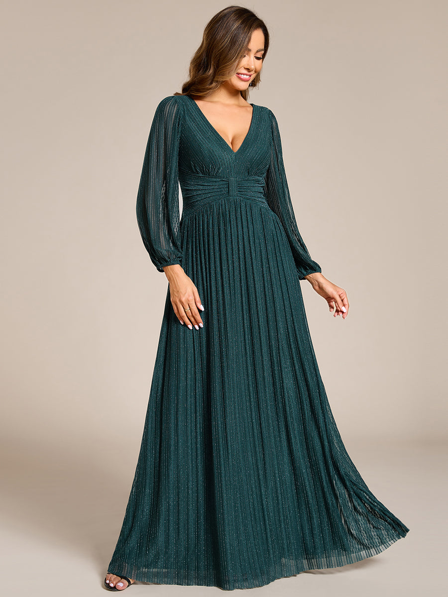 Color=Teal | Maxi Long Chiffon Waist  V Neck Wholesale Evening Dress with Long Sleeves-Teal 1