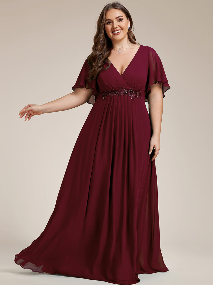 Color=Burgundy | Wholesale Pricing Short Sleeve Ruffle Appliques Deep V-Neck A-Line Floor Length Evening Dresses-Burgundy 9