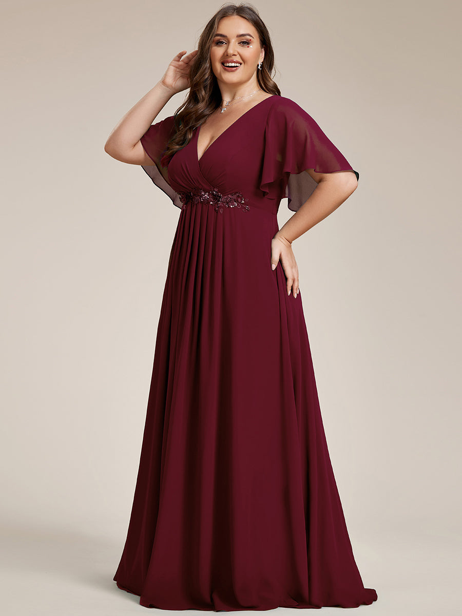 Color=Burgundy | Wholesale Pricing Short Sleeve Ruffle Appliques Deep V-Neck A-Line Floor Length Evening Dresses-Burgundy 10