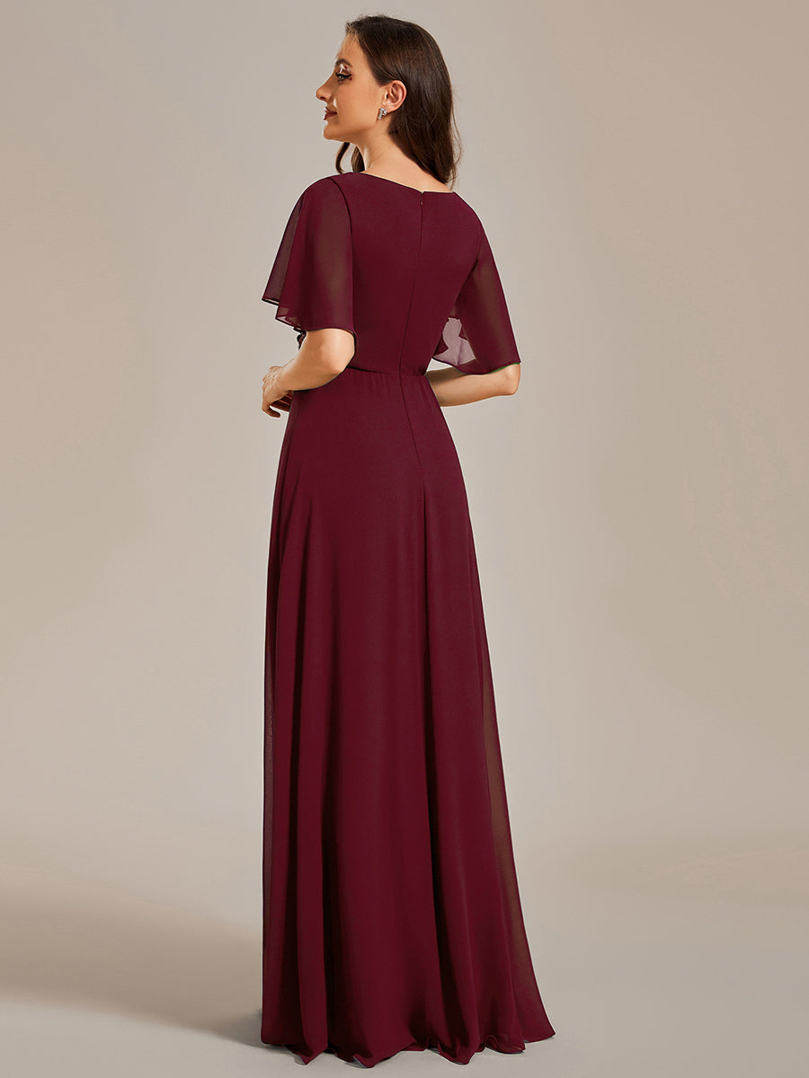 Color=Burgundy | Wholesale Pricing Short Sleeve Ruffle Appliques Deep V-Neck A-Line Floor Length Evening Dresses-Burgundy 2