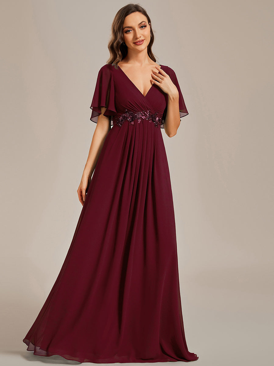 Color=Burgundy | Wholesale Pricing Short Sleeve Ruffle Appliques Deep V-Neck A-Line Floor Length Evening Dresses-Burgundy 4