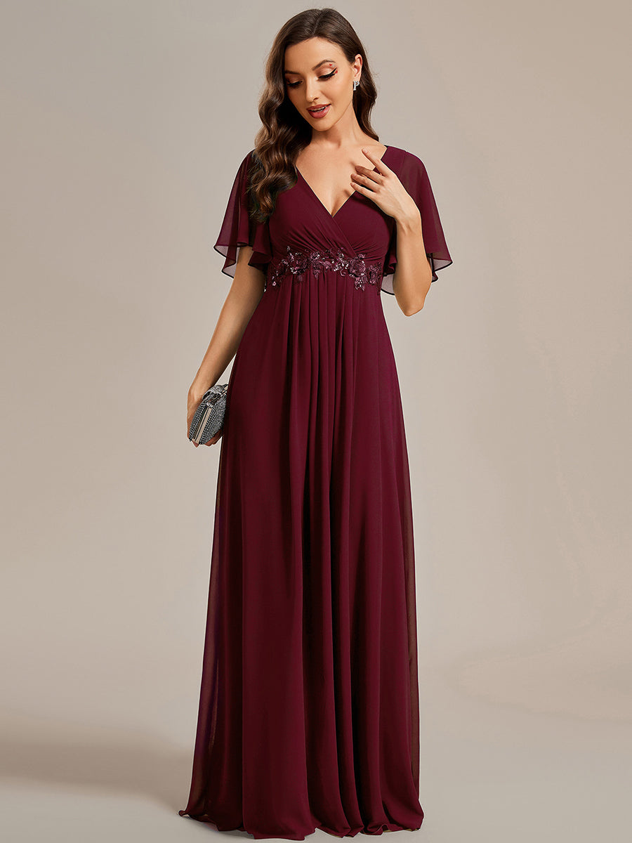 Color=Burgundy | Wholesale Pricing Short Sleeve Ruffle Appliques Deep V-Neck A-Line Floor Length Evening Dresses-Burgundy 5