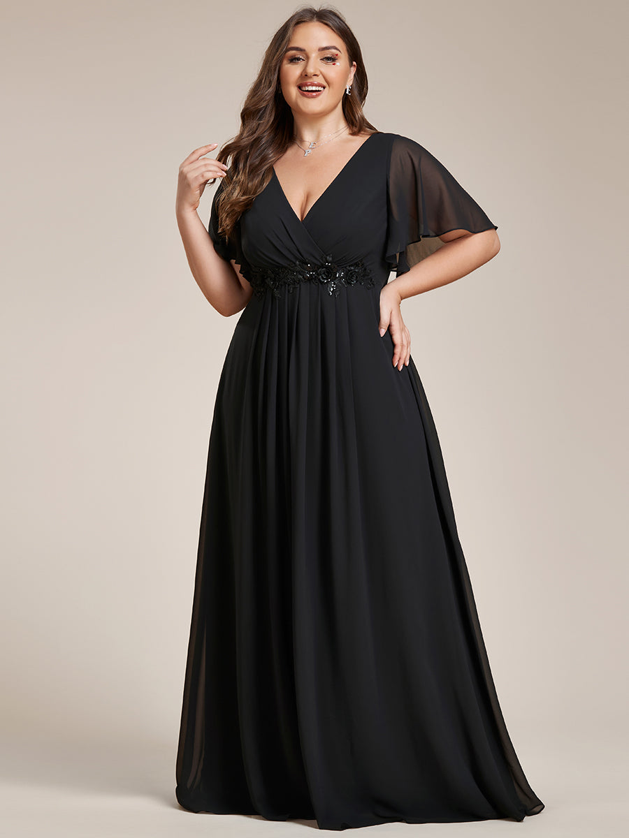 Color=Black | One Stop Shop Short Sleeve Ruffle Appliques Deep V-Neck A-Line Floor Length Evening Dresses-Black 6
