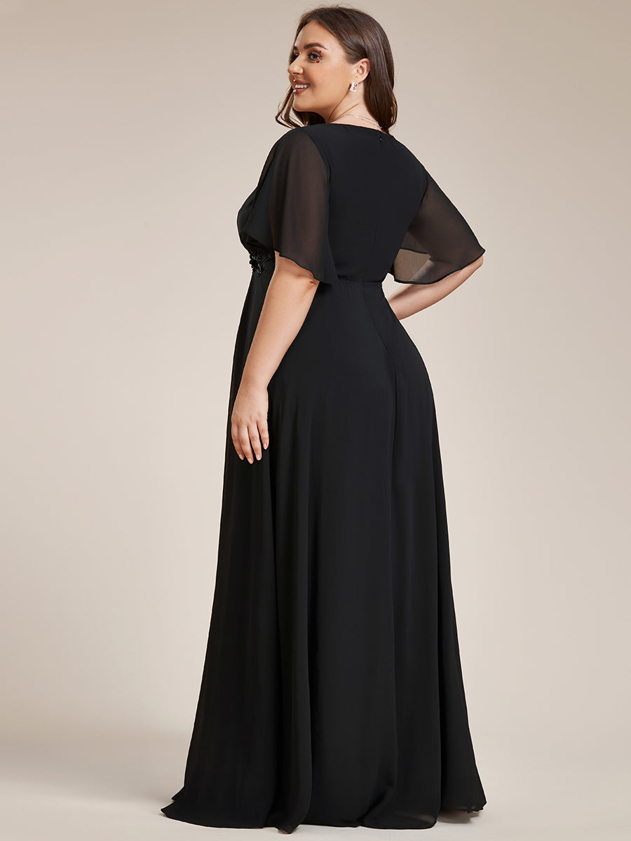 Color=Black | One Stop Shop Short Sleeve Ruffle Appliques Deep V-Neck A-Line Floor Length Evening Dresses-Black 7