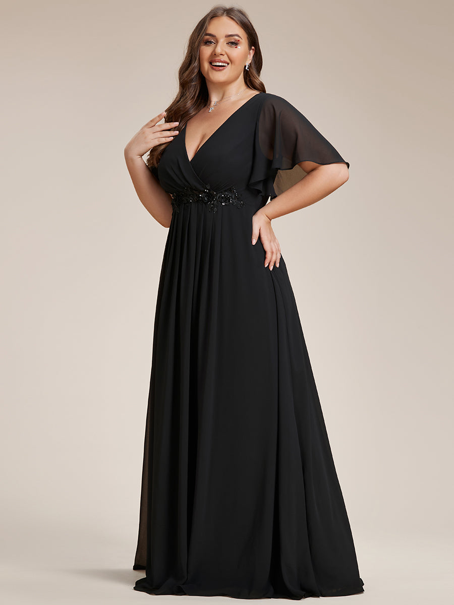 Color=Black | One Stop Shop Short Sleeve Ruffle Appliques Deep V-Neck A-Line Floor Length Evening Dresses-Black 9